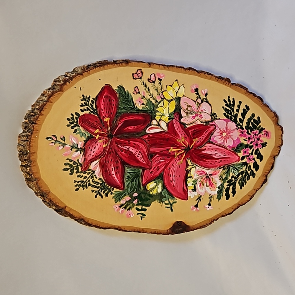 Hand painted Acrylic Flowers in Nature Original Piece on Wood Slice